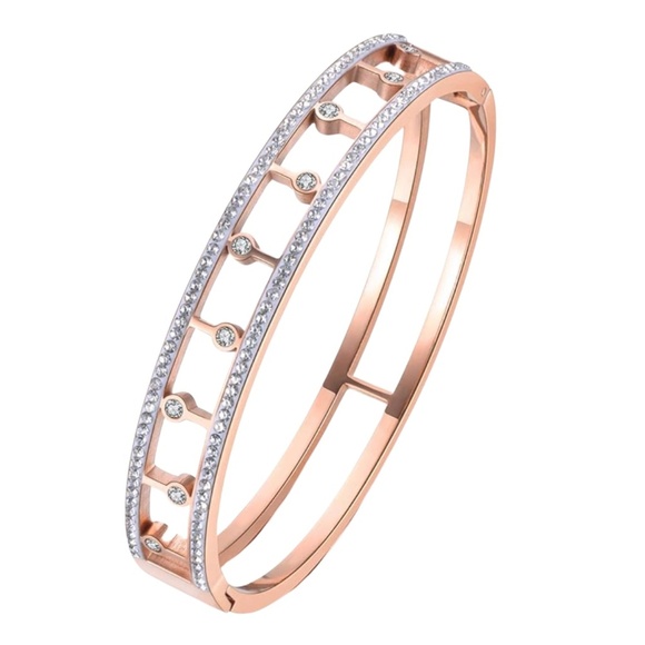 Rose Gold-Tone Stainless Steel Bangle with CZ Accents – 62x10mm Mosaic Design - Picture 1 of 1